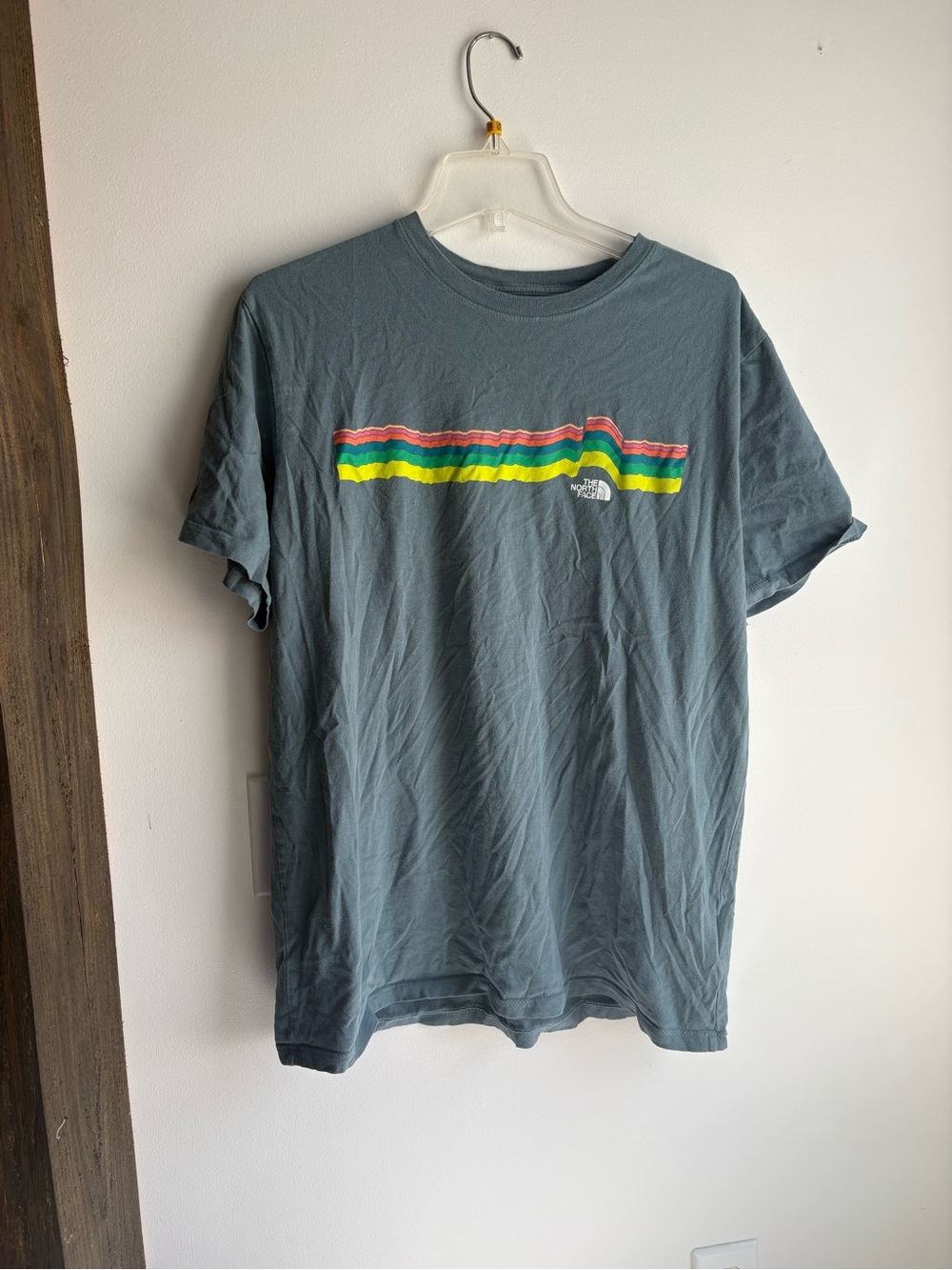 The North Face Men's Slate Blue Crew Tee with Rainbow Stripes